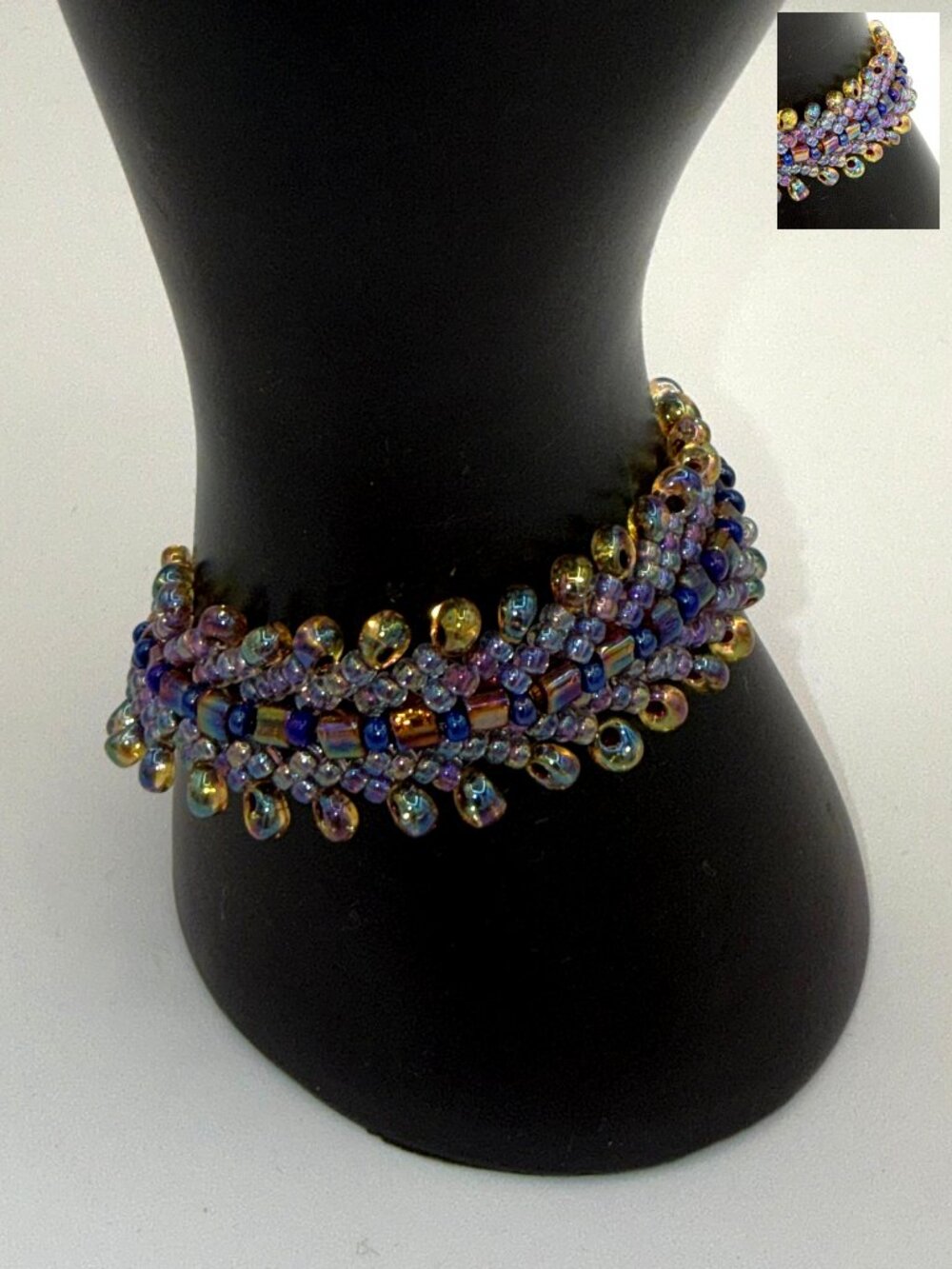 Handcrafted Iridescent Seed Bead Bracelet Purple Blue Fringe Statement Bracelet